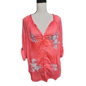 KC Khakis & Co. Embroidered Coral Button Front Blouse Size Large Roll Tab Sleeve